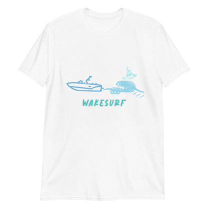 Wakesurf Boat With Big Wave & Surfer Short-Sleeve Unisex T-Shirt